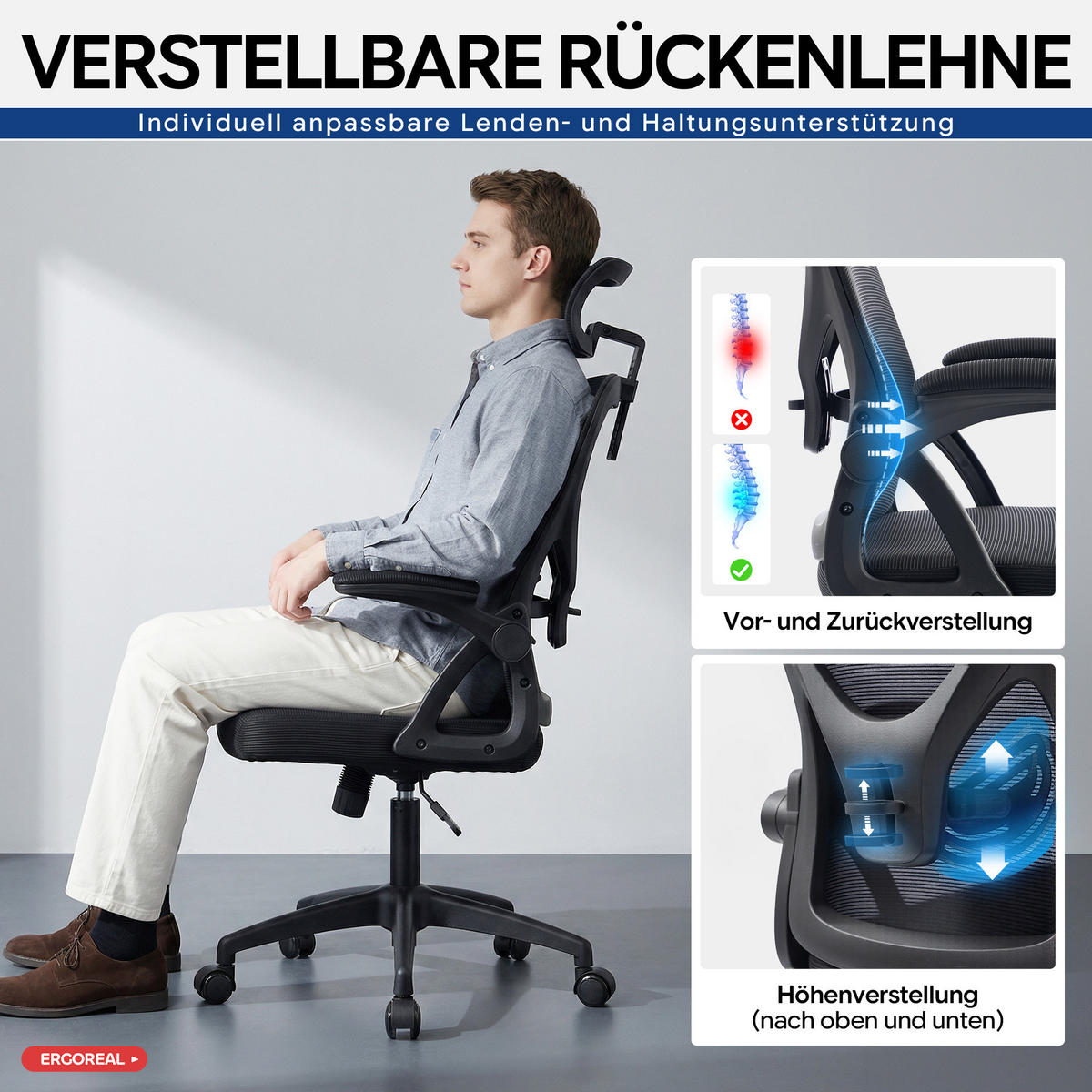 DREHSTUHL Schwarz mit Verstellbare Lendenwirbelstütze und 2D-Kopfstütze - Schwarz, Kunststoff (63/114/68cm) - Oxeza