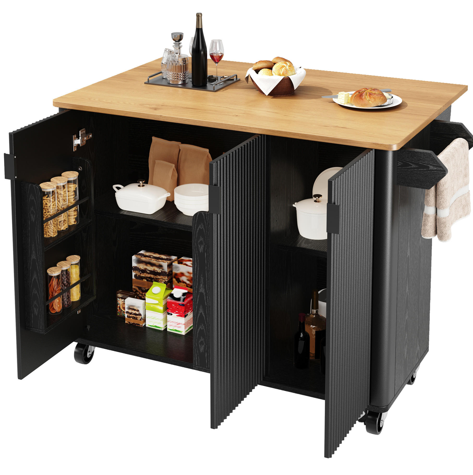 KÜCHENINSEL aus MDF 130x45(75)x92 cm Schwarz mit klappbarer Arbeitsplatte, 5 Rollen und verstellbaren Einlegeböden - Schwarz, Holzwerkstoff (130/92/45cm) - Modfu