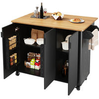 KÜCHENINSEL aus MDF 130x45(75)x92 cm Schwarz mit klappbarer Arbeitsplatte, 5 Rollen und verstellbaren Einlegeböden - Schwarz, Holzwerkstoff (130/92/45cm) - Modfu