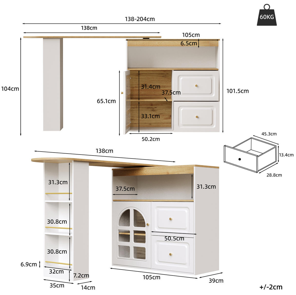 BARSKA miza 138-204/39/104 cm z 360° vrtenjem, 2 predaloma in 3 policami, MDF, Bela - bela, leseni material (39/104/138cm) - Redom