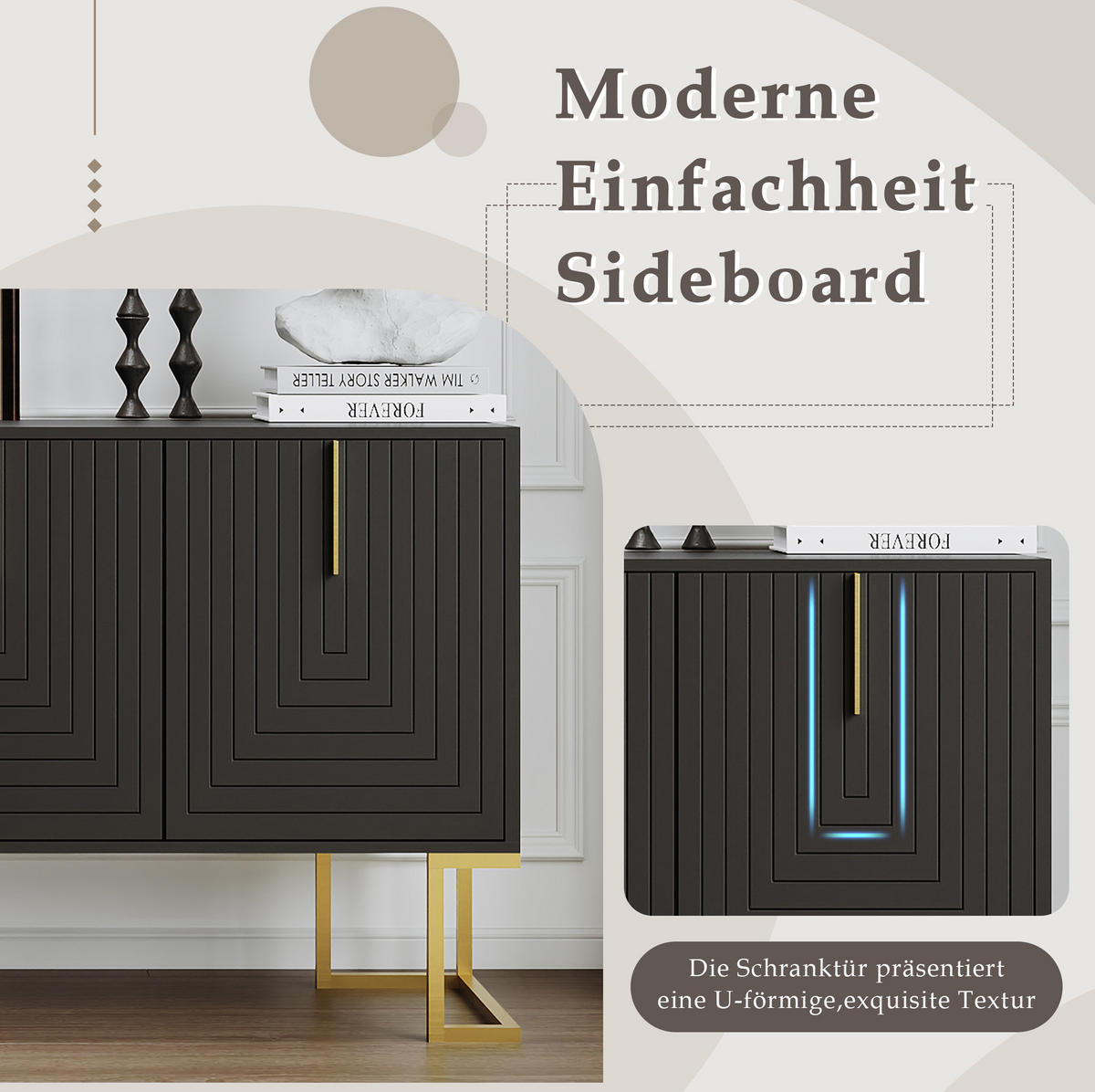 SIDEBOARD 44.6/52.5 cm Schwarz aus MDF und Spanplatte mit verstellbaren Regalböden - Schwarz, Holzwerkstoff (40/80.5/138cm) - OKMYHOME