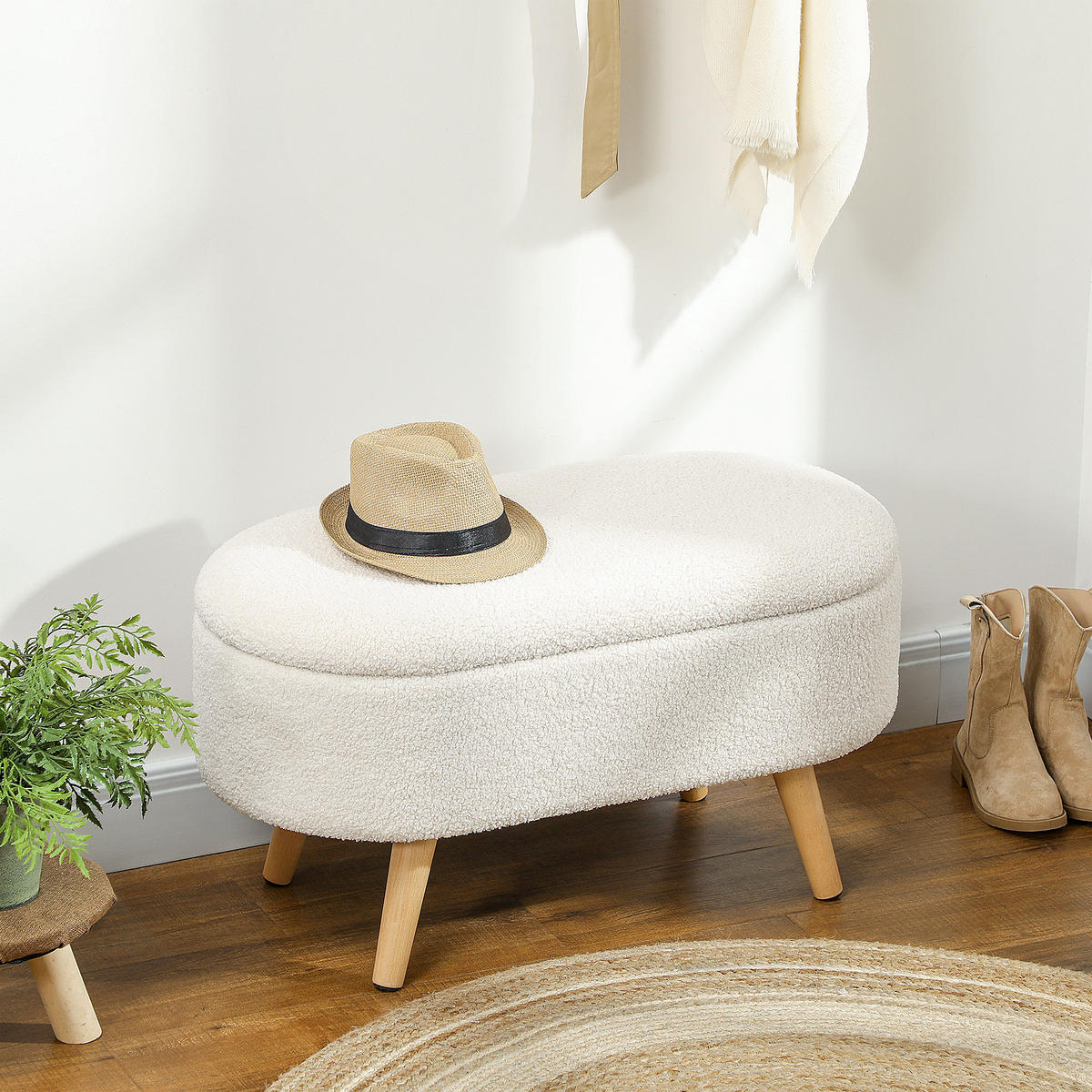 SITZBANK mit Stauraum, Polsterbank mit Deckel, Bettbank mit Teddysamtoptik - Weiß, Kunststoff (41/45/82cm) - HOMCOM