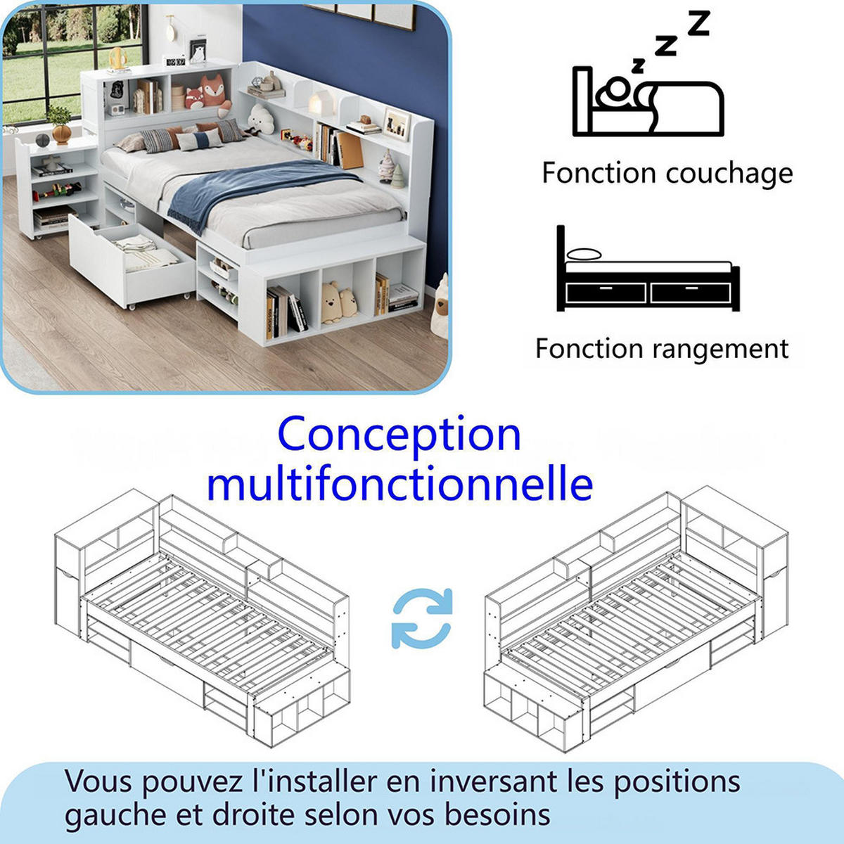 STAURAUMBETT 90 x 190 cm in weiß,Lattenrost inklusive - Weiß, Holz (90/190cm) - KOMHTOM