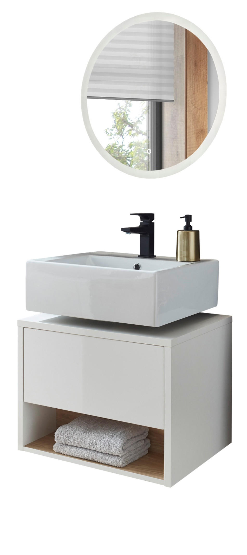 BADMÖBEL-SET 2-teilig weiß Hochglanz, Eiche, Badmöbel mit LED Beleuchtung 60 cm - Weiß Hochglanz, Glas/Holzwerkstoff (60/190/46cm) - Furn.Design