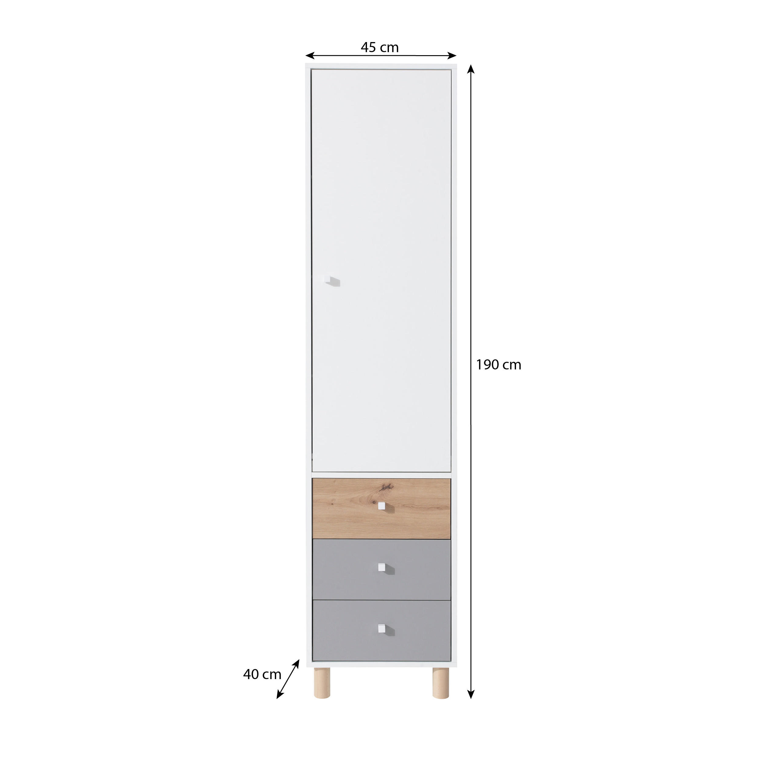 DREHTÜRENSCHRANK Figo mit 1 Tür und 3 Schubladen - Weiß/Eiche Artisan, Holzwerkstoff (45/190/40cm) - Beautysofa