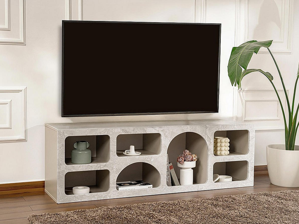 TV-MÖBEL mit 7 Fächern - Marmoroptik Grau - LUELA - Grau, Holz (160/51/40cm) - Vente-Unique