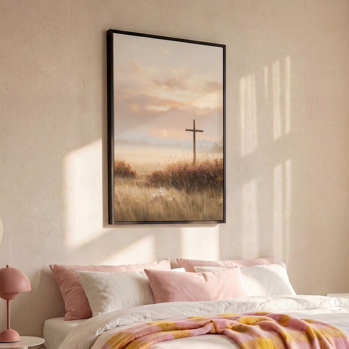 LEINWAND Bilder mit Rahmen - Gras - Morgennebel - Kreuz - Christentum - 100x150 - Beige, Textil (100/150cm) - MuchoWow