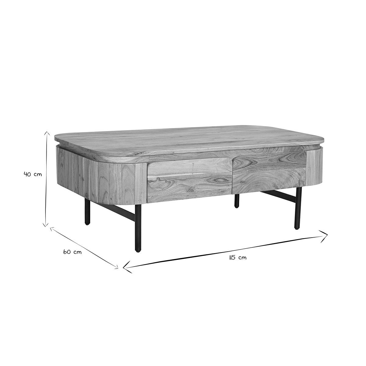 COUCHTISCH Massivholz Schwarzes Metall 4 Schubladen B115 cm NAPOLI - Eiche Bianco, Holz (115/60/40cm) - Miliboo