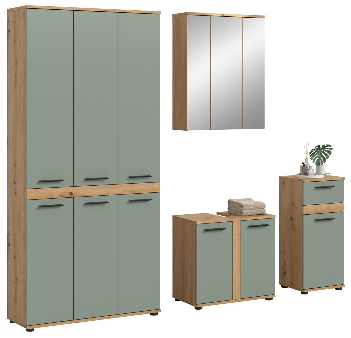 BADMÖBEL-SET 4-teilig Salbei grün, Artisan Eiche 219 cm, Badezimmerschränke mit viel Stauraum - Salbeigrün/Schwarz, Glas/Holzwerkstoff (219/191/34cm) - Inn.Furn