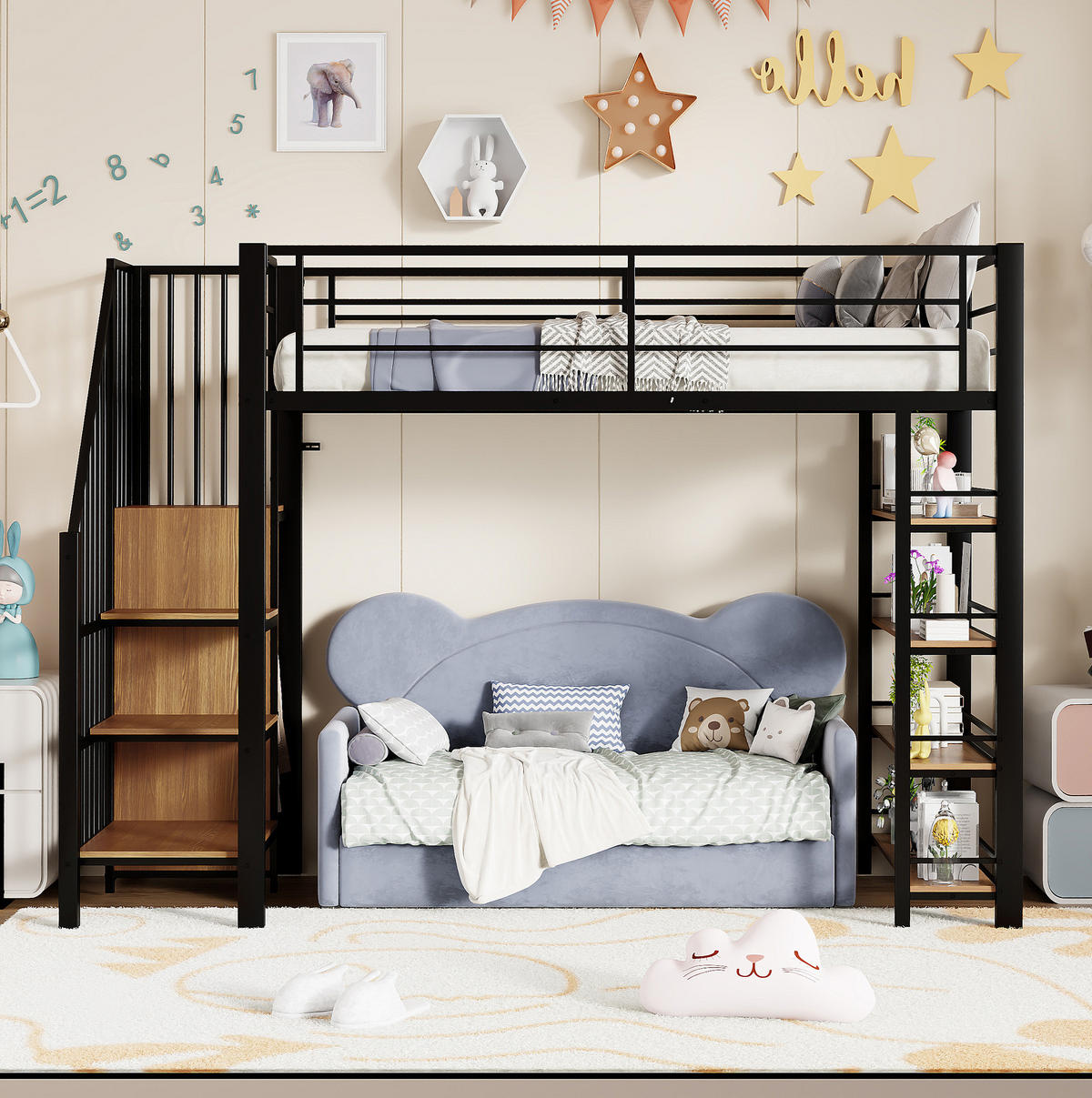 HOCHBETT 90/200 cm Schwarz aus Metall mit Sicherheitstreppe und Stauraum - Schwarz, Metall (90/200cm) - OKMYHOME