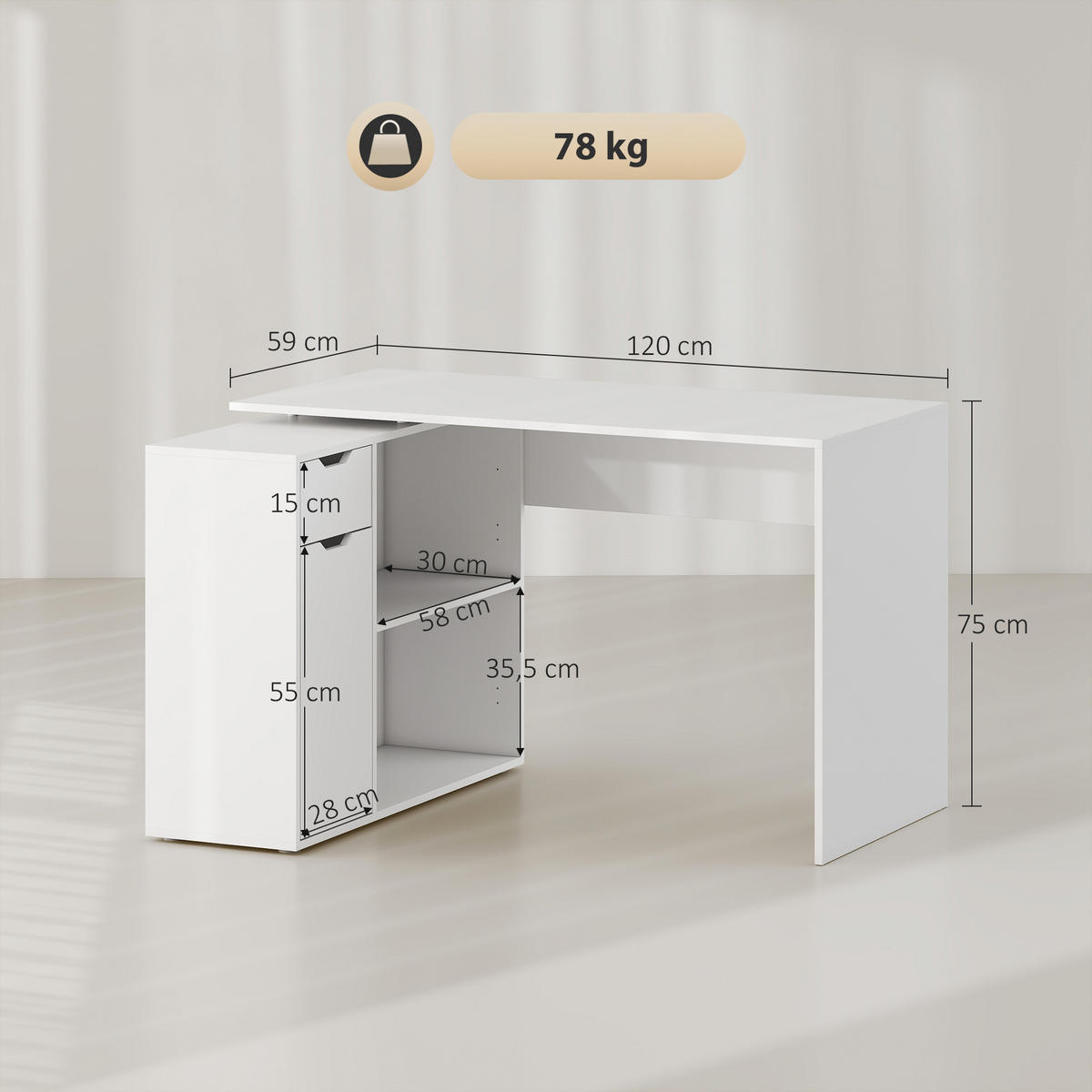 ECKSCHREIBTISCH L-Form Schreibtisch Computertisch mit Offenen Ablagen, Schublade - Weiß, Holzwerkstoff (120/96/75cm) - HOMCOM