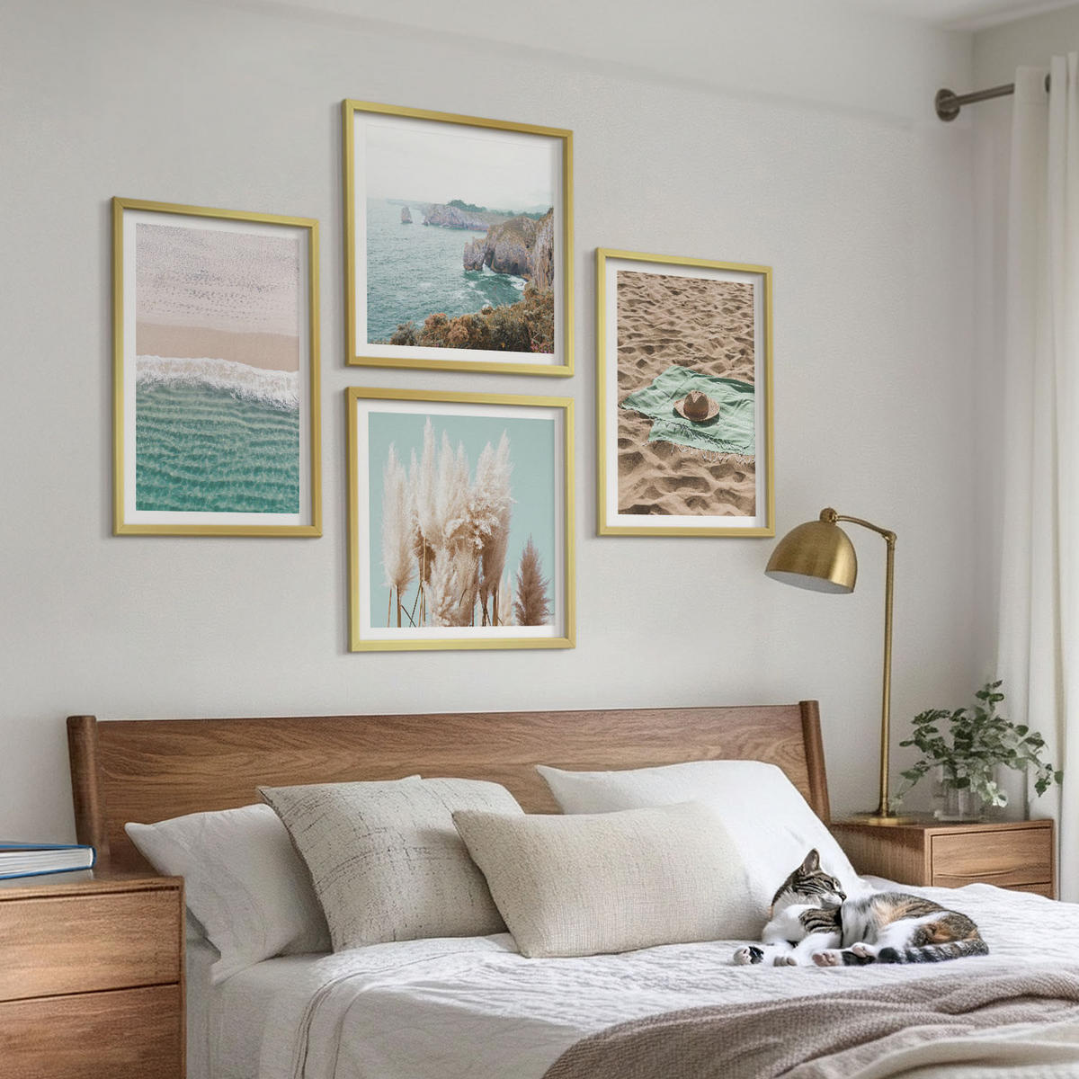 BILDER SET 4er Set - 50x50 cm & 40x60 cm Goldrahmen - Strandwellen Grashut - Goldfarben, Kunststoff (50/50cm) - TULUP