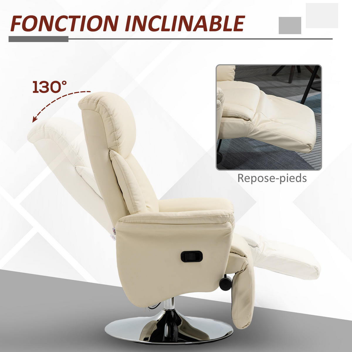 RELAXSESSEL, Drehbar, verstellbare Fußstütze, Traglast 150kg, für Wohnzimmer, Cremefarben - Multicolor, Holzwerkstoff (80/109/78cm) - FORIOUS