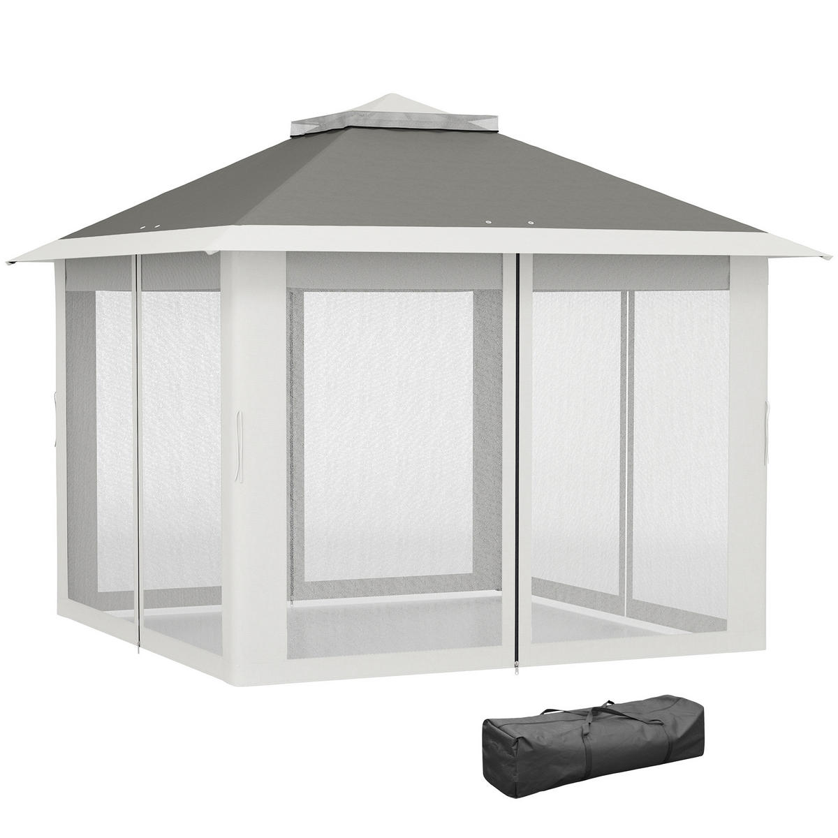 PAVILLON DE-07448 mit Netzvorhängen und Entwässerungslöchern Grau - Dunkelgrau, Textil/Metall (330/288/330cm) - ComfortXL