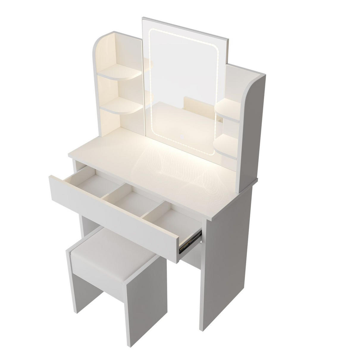 SCHMINKTISCH Zoey LED-Spiegel & Hocker Melly - Weiß, Holz (40/140/90cm) - Juskys