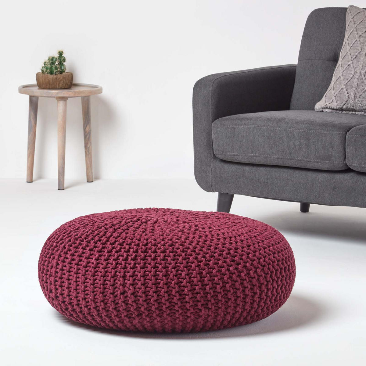 STRICK-POUF weinrot, Bodenkissen rund 70/70/23 cm - Weinrot, Textil (70/23/70cm) - Homescapes
