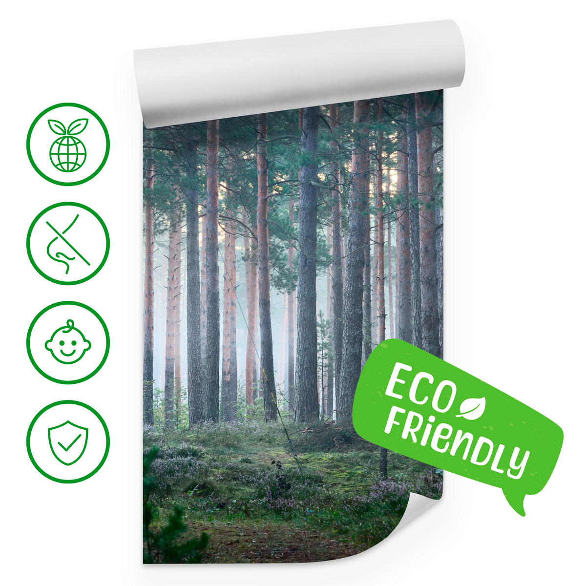 FOTOTAPETE für Wohnzimmer Nebelwald mit Bäumen Moos Grün 300x210 - Grau/Grün, Papier (300/210cm) - Muralo