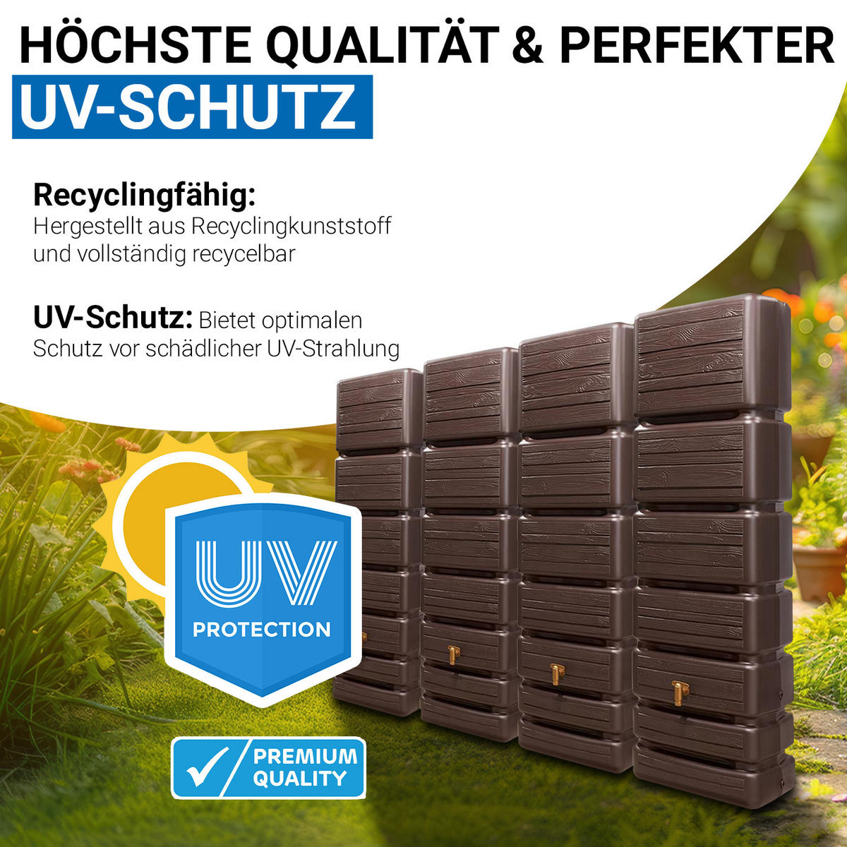WANDTANK Komplett-Set 1400 L dark 4 x 350 L inkl. Verbindungsset, Kunststoff-Auslaufhahn und Fallrohranschluss - Braun, Kunststoff (270/184/39cm) - 4rain