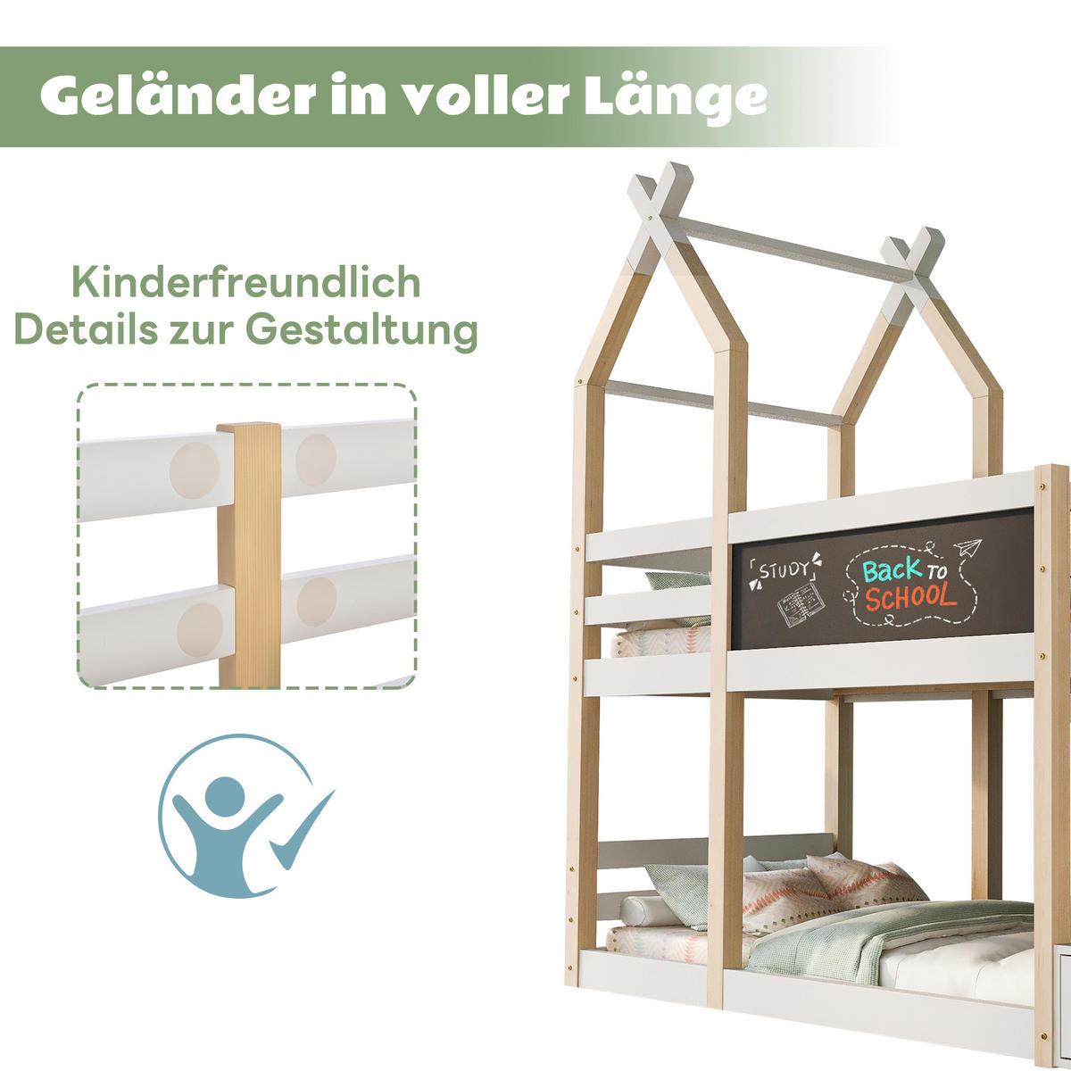ETAGENBETT 90/200 cm mit Tafel, Stauraumtreppe aus Massivholz und MDF, Baumhaus-Design, Weiß - Weiß, Holzwerkstoff - Redom
