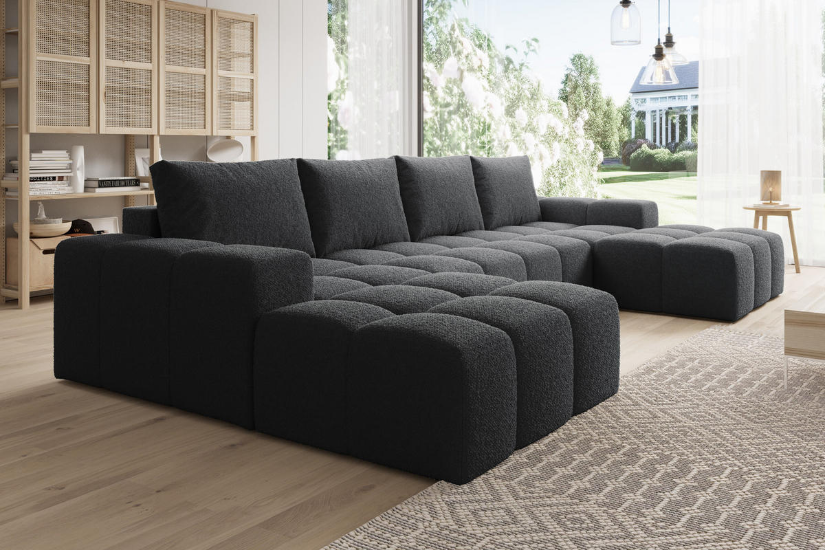 WOHNLANDSCHAFT Cento, Couch U-Form, Teddy-Bouclé, 360x57x180 cm, Schwarz - Schwarz, Holz (360/56/180cm) - PROMETO Möbel