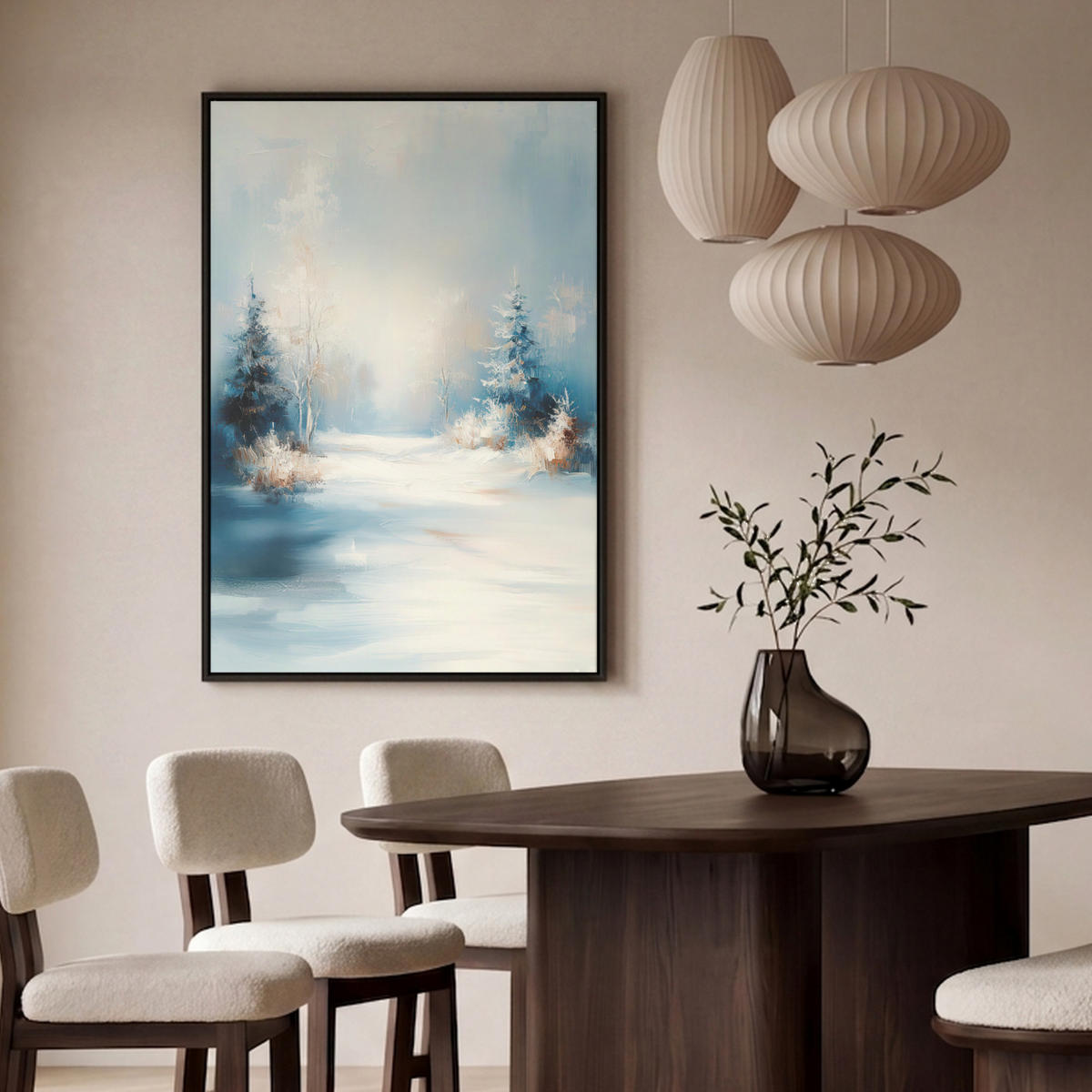 LEINWAND Bilder mit Rahmen - Wald – Winter – Natur – Abstrakt – Schnee - 80x120 - Weiß, Textil (80/120cm) - MuchoWow