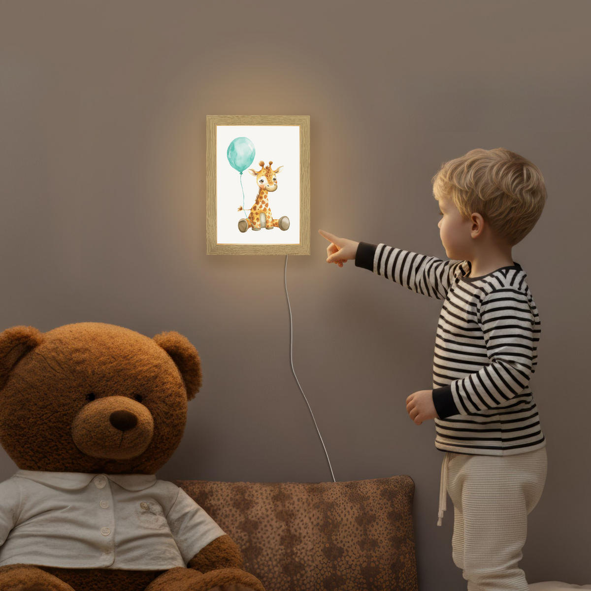 NACHTTISCHLAMPE Giraffe - Baby - Tiere - Blauer Ballon 15x20 cm - Weiß, Holzwerkstoff (8/15/20cm)