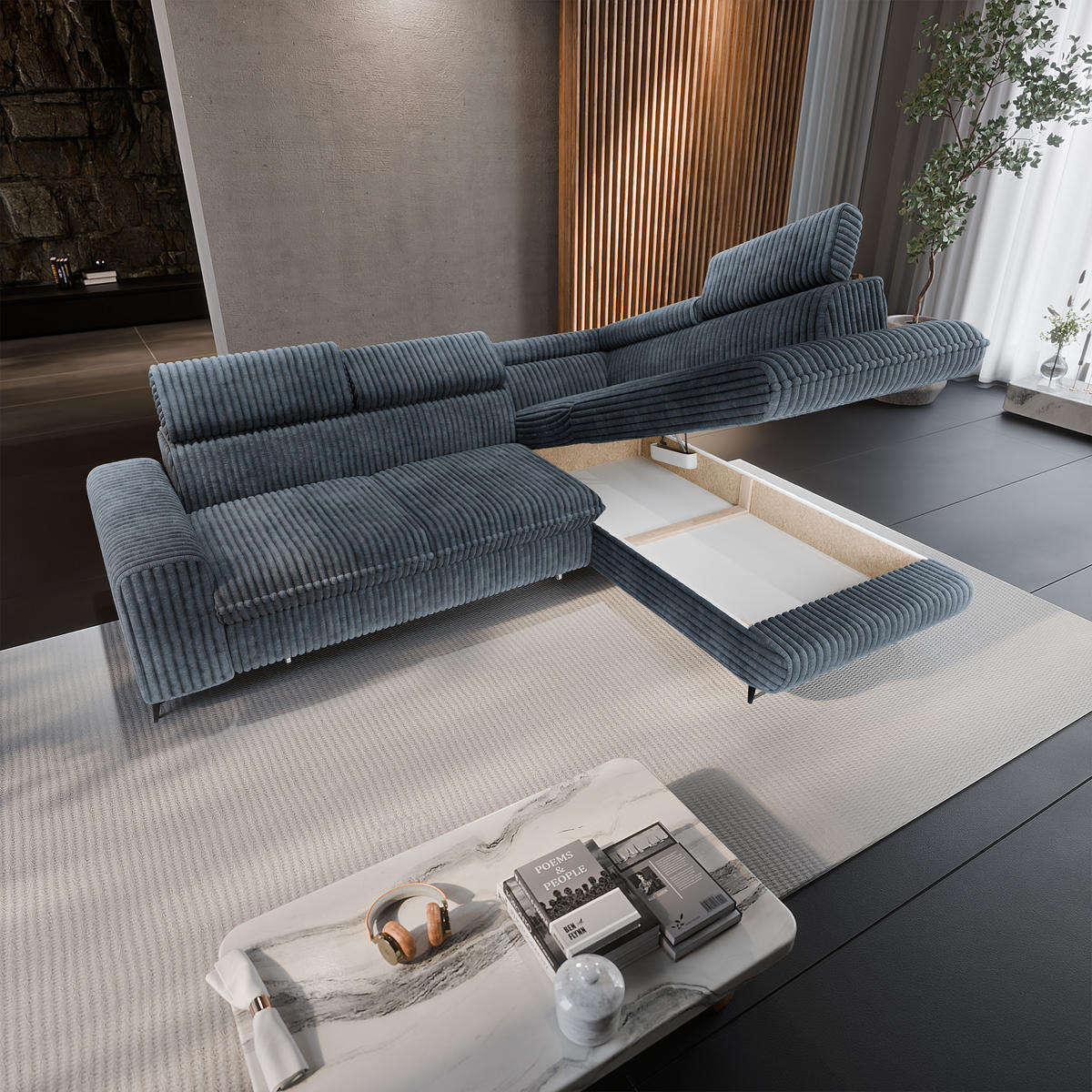 ECKSOFA VELISS Grau Kordstoff mit Schlaffunktion - Grau, Holz (255/193cm) - MASSENO