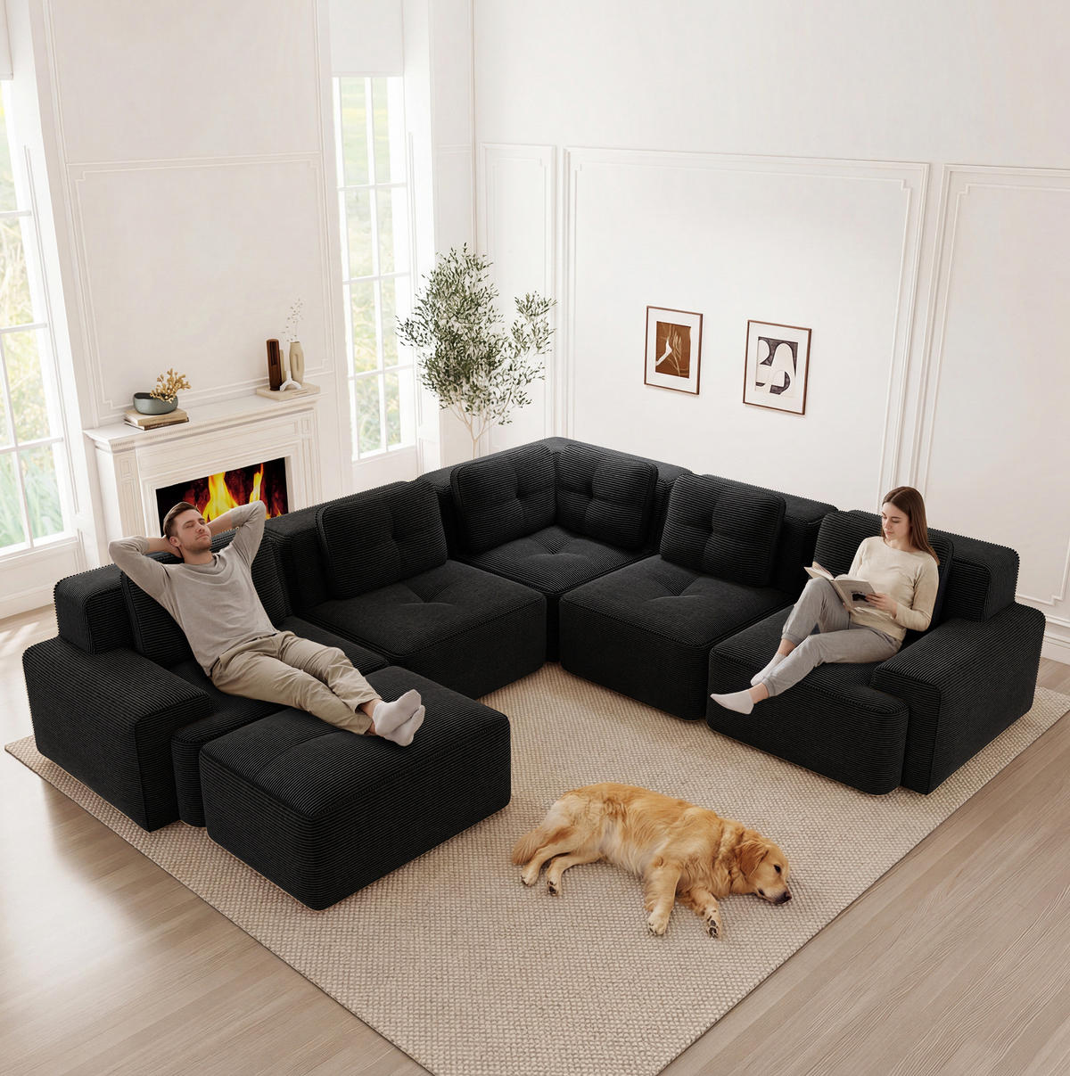 ECKSOFA modular mit 74 cm Sitztiefe Cord Schwarz - Schwarz, Kunststoff (104/69/297cm) - Meubliv