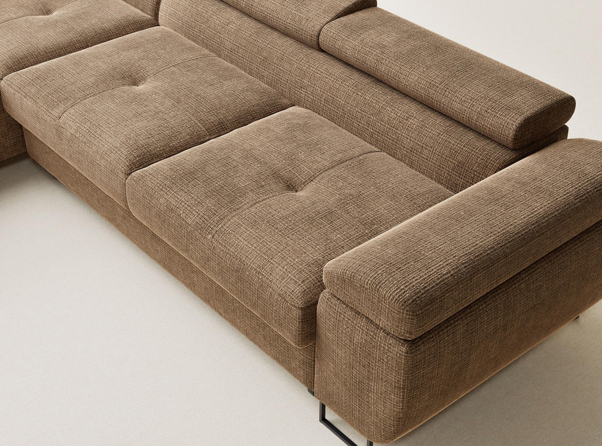 ECKSOFA Concord Hellbraun Chenille-Stoff - Links Seite - Hellbraun/Schwarz, Holz/Holzwerkstoff (203/277cm) - Maison de Reve