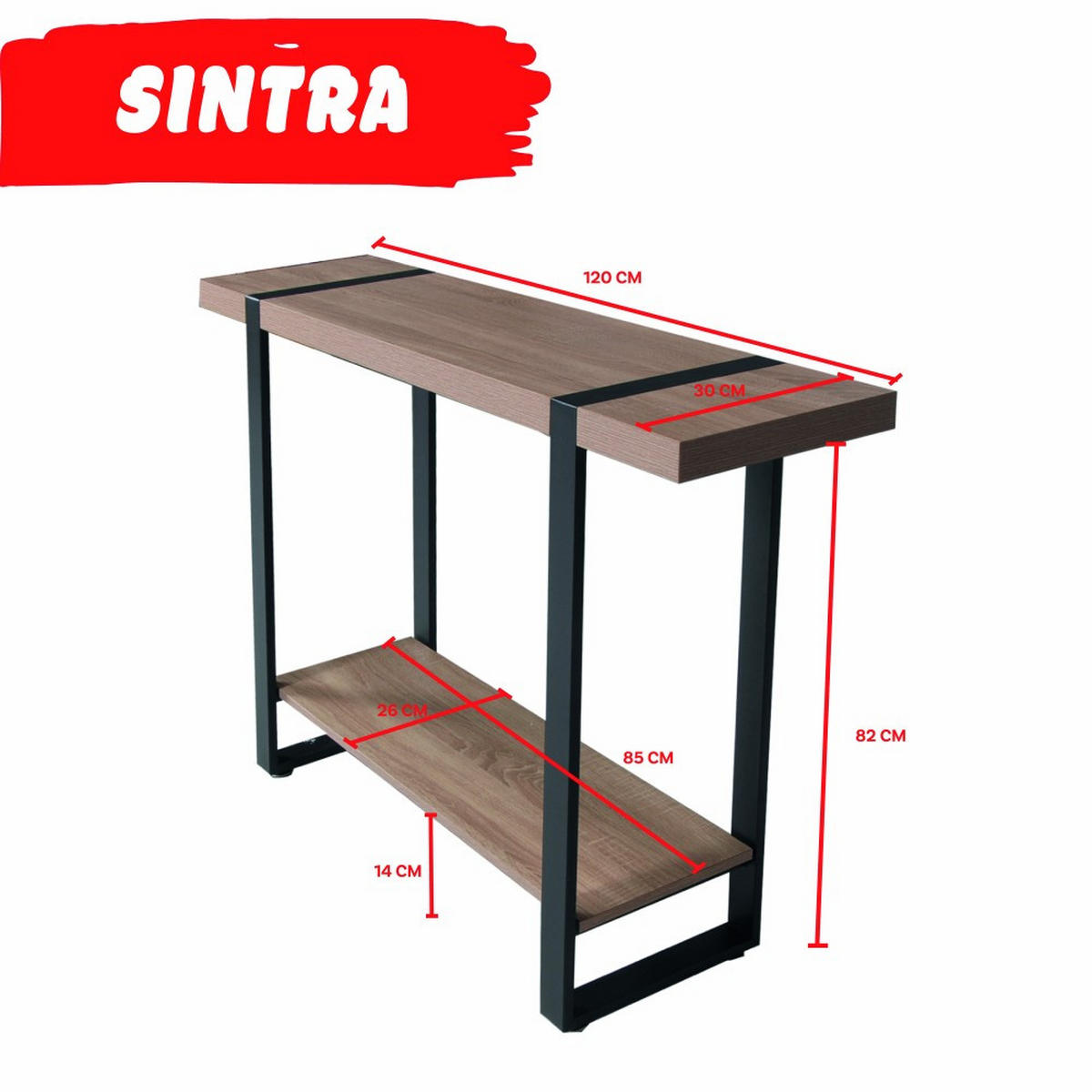 KONSOLENTISCH SINTRA /120X30 cm - Gebleichte Eiche Dekor und schwarzes Metall - Sonoma Eiche, Holzwerkstoff (80/80/20cm) - Weber Industries