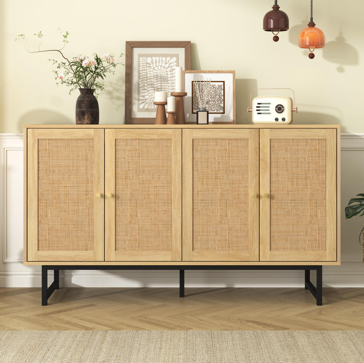 SIDEBOARD 140/39,5/80 cm in Holzoptik mit echtem Rattangeflecht und 4 Türen - Naturfarben, Holzwerkstoff (140/80/39.5cm) - Flora Grace