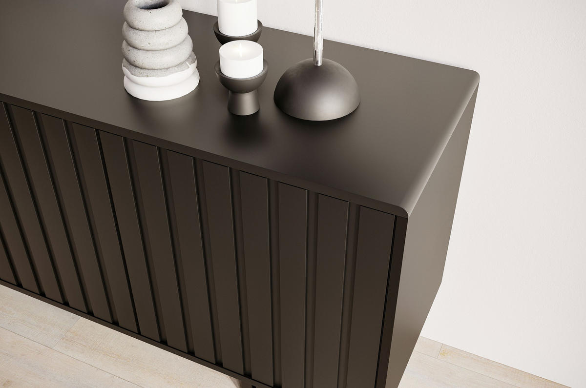SIDEBOARD Vigge, Weiß, Push-To-Open System , Lamellen Effekt - Weiß, Holzwerkstoff/Buchenholz (149/73/40cm) - Skandica