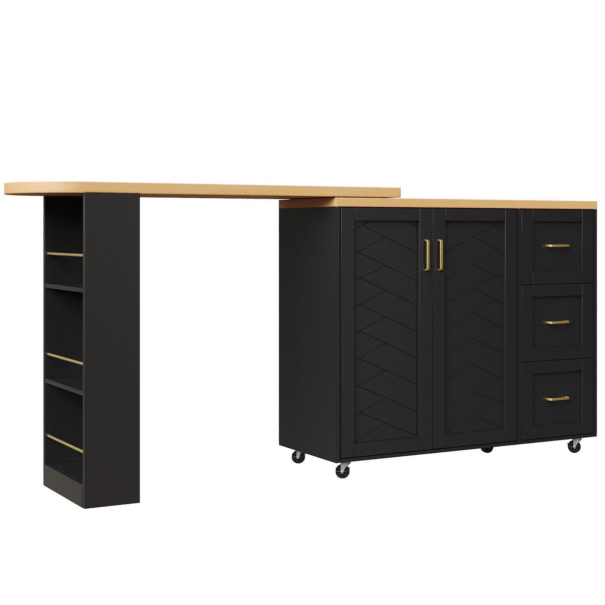 BARTISCH ausziehbar mit Stauraum & 5 Rollen, 135-228/39/104 cm, Schwarz - Schwarz, Holzwerkstoff (39/104/135cm) - Redom