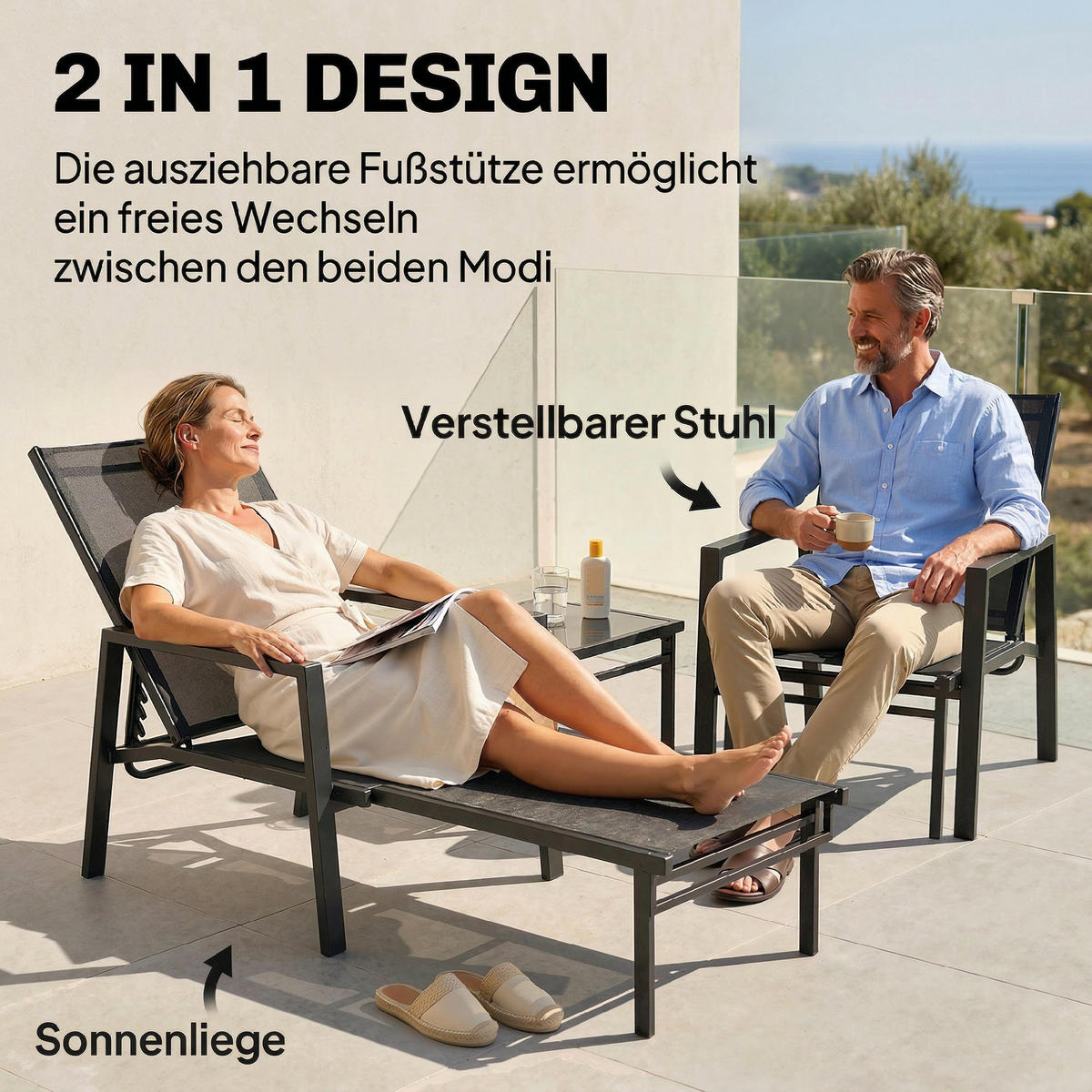 SONNENLIEGE Klappbar tragbar Gartenliege mit ausziehbarer Fußstütze 5-fach Verstellbar Rückenlehne Atmungsaktiv - Schwarz, Metall (185/55/63cm)