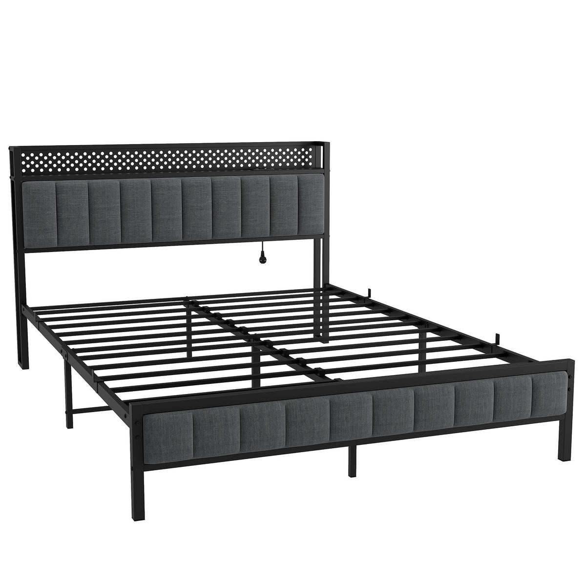 METALLBETT 140/200 cm in Schwarz mit gepolstertem Kopfteil, LED und USB - Schwarz, Holzwerkstoff/Textil (140/200cm) - CHICFURN