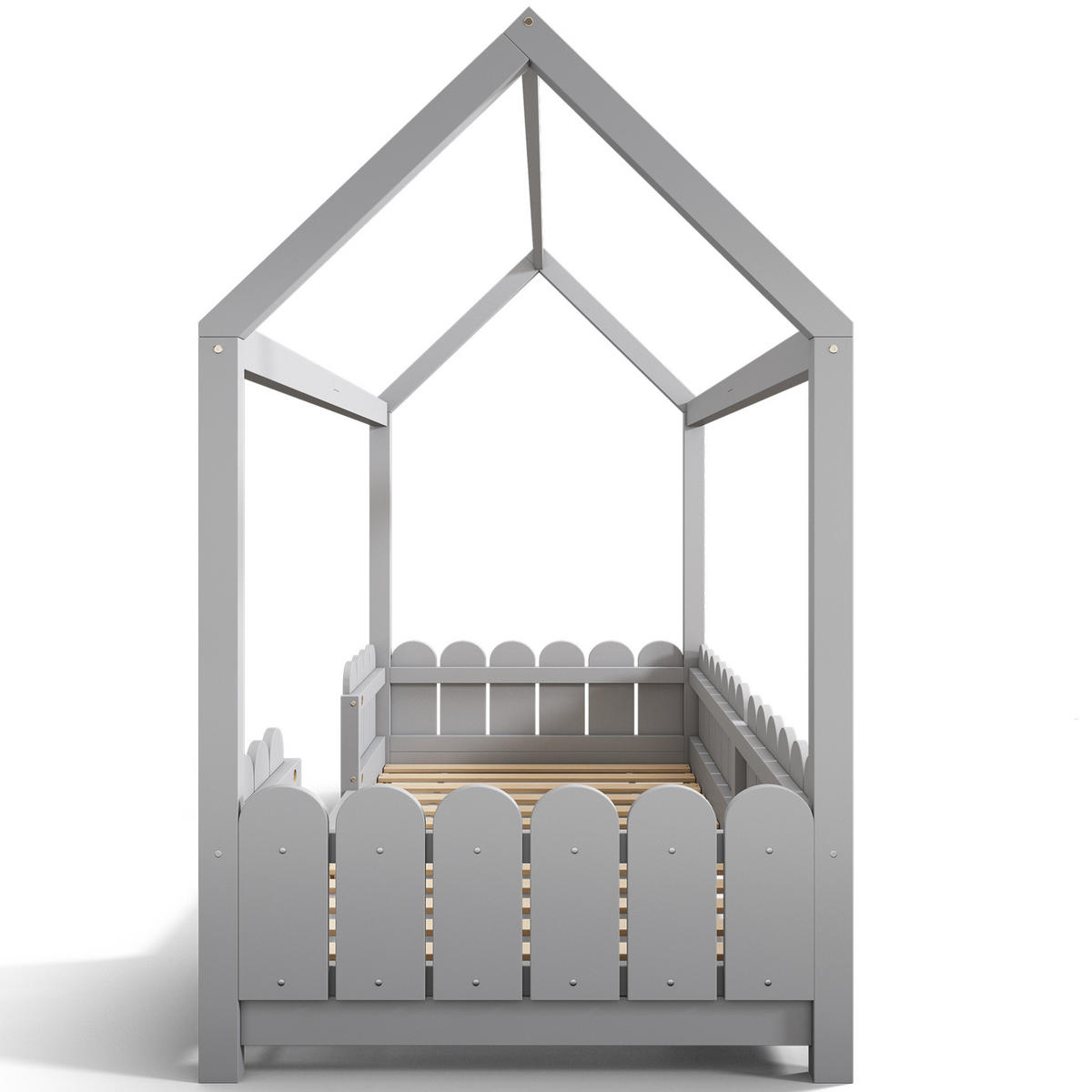 POSTELJA v obliki hiše 90/200 cm siva iz borovega lesa in MDF z varovalno ograjo ter letvenim dnom - siva, les (90/200cm) - OKWISH