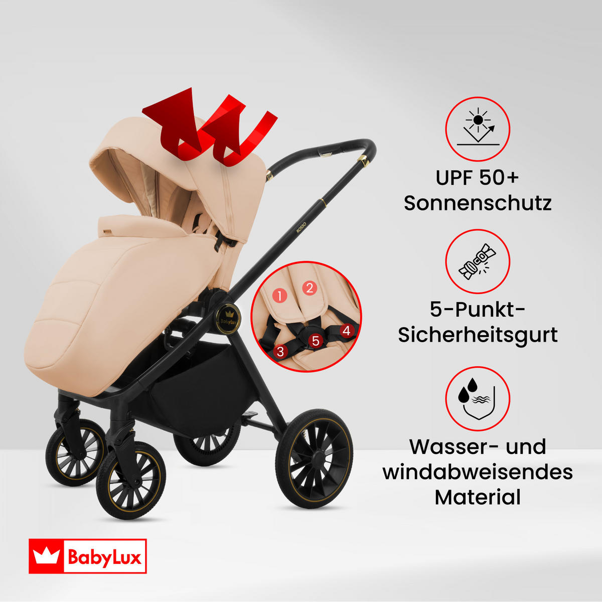 KINDERWAGEN Rosso 2in1 Beige Babywanne, Buggy Sportsitz, Faltbar, Wickeltasche - Beige/Schwarz, Textil/Metall (58/100cm) - BabyLux