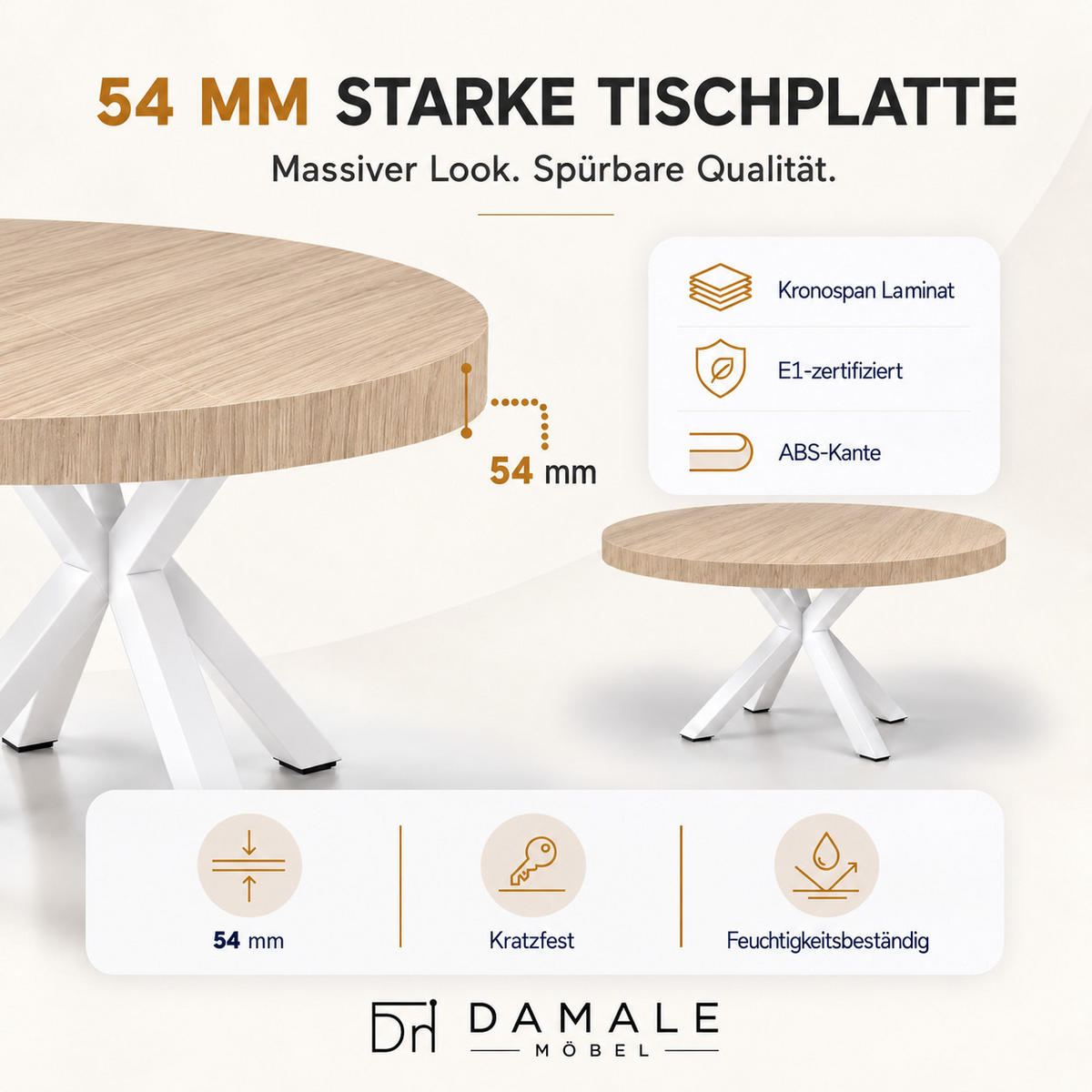 ESSTISCH rund ausziehbar 110/310/76 cm, Braun Hikora Egger, 54 cm Tischplatte + X Metallbeine Weiß - Weiß/Braun, Holzwerkstoff/Metall (110/310/76cm) - Damale Möbel