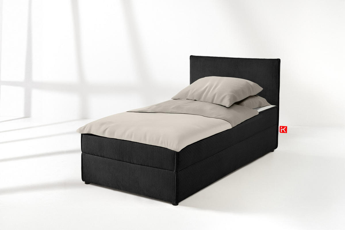 BOXSPRINGBETT ROTI Einzelbett, schwarz, Cordstoff - Schwarz, Holz/Holzwerkstoff (80/200cm) - KONSIMO®
