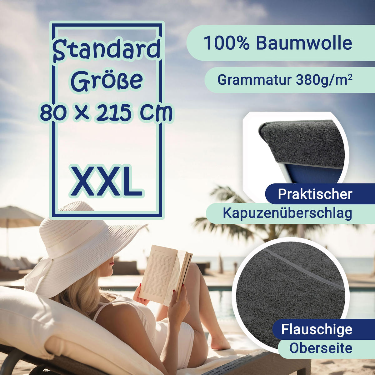 STRANDTUCH, 75x215 cm, 100% Baumwolle, Grau - Anthrazit, Textil (75/215cm) - Zollner
