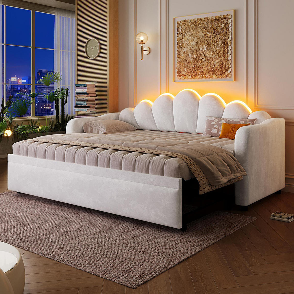 POLSTERBETT 90x200 cm mit Ausziehfunktion und LED-Beleuchtung, Weiß - Weiß, Holz (90/200cm) - KOMHTOM