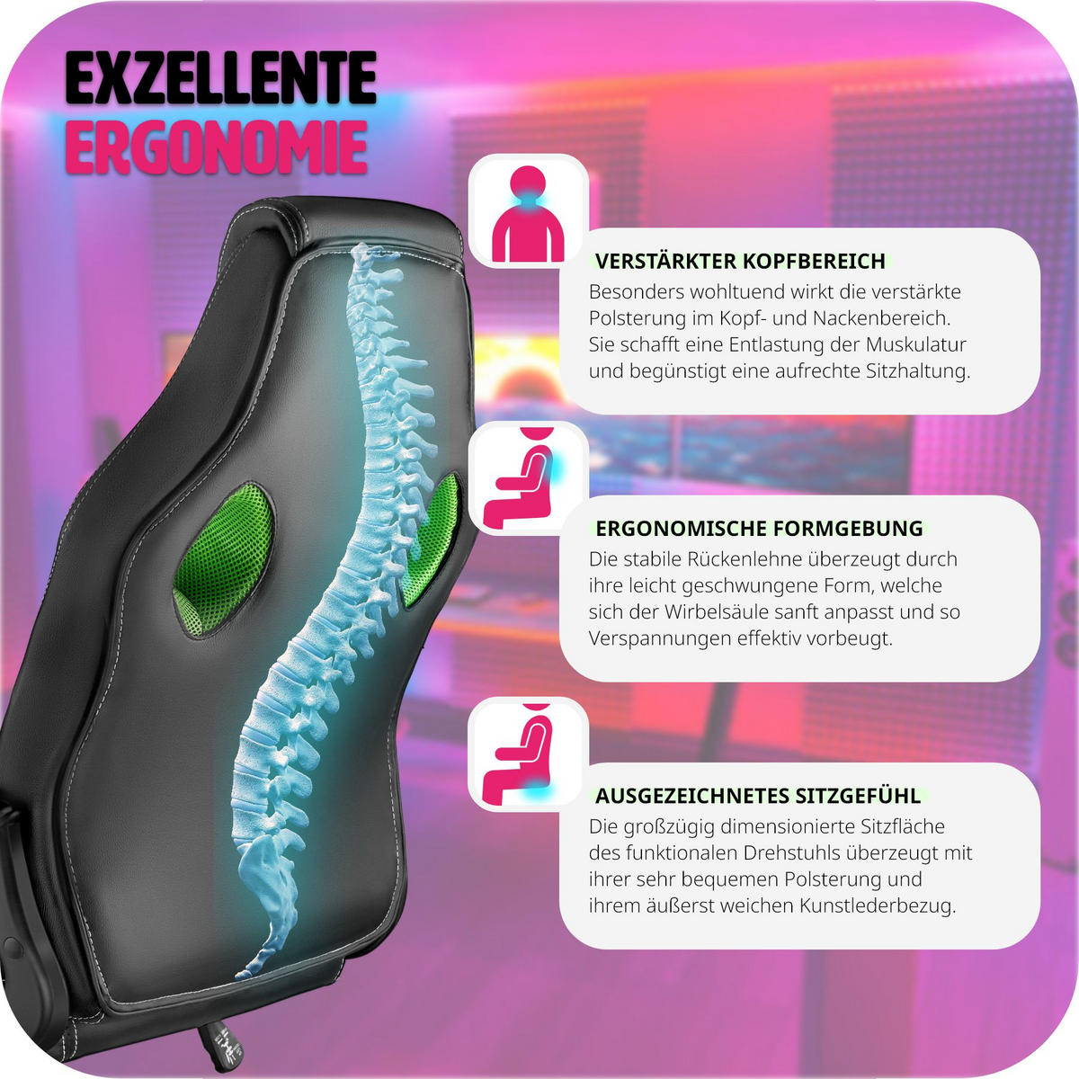 BÜROSTUHL Mike,stufenlos höhenverstellbar,schwarz/grün - Schwarz/Grün, Leder (68/114.5/69cm) - tectake