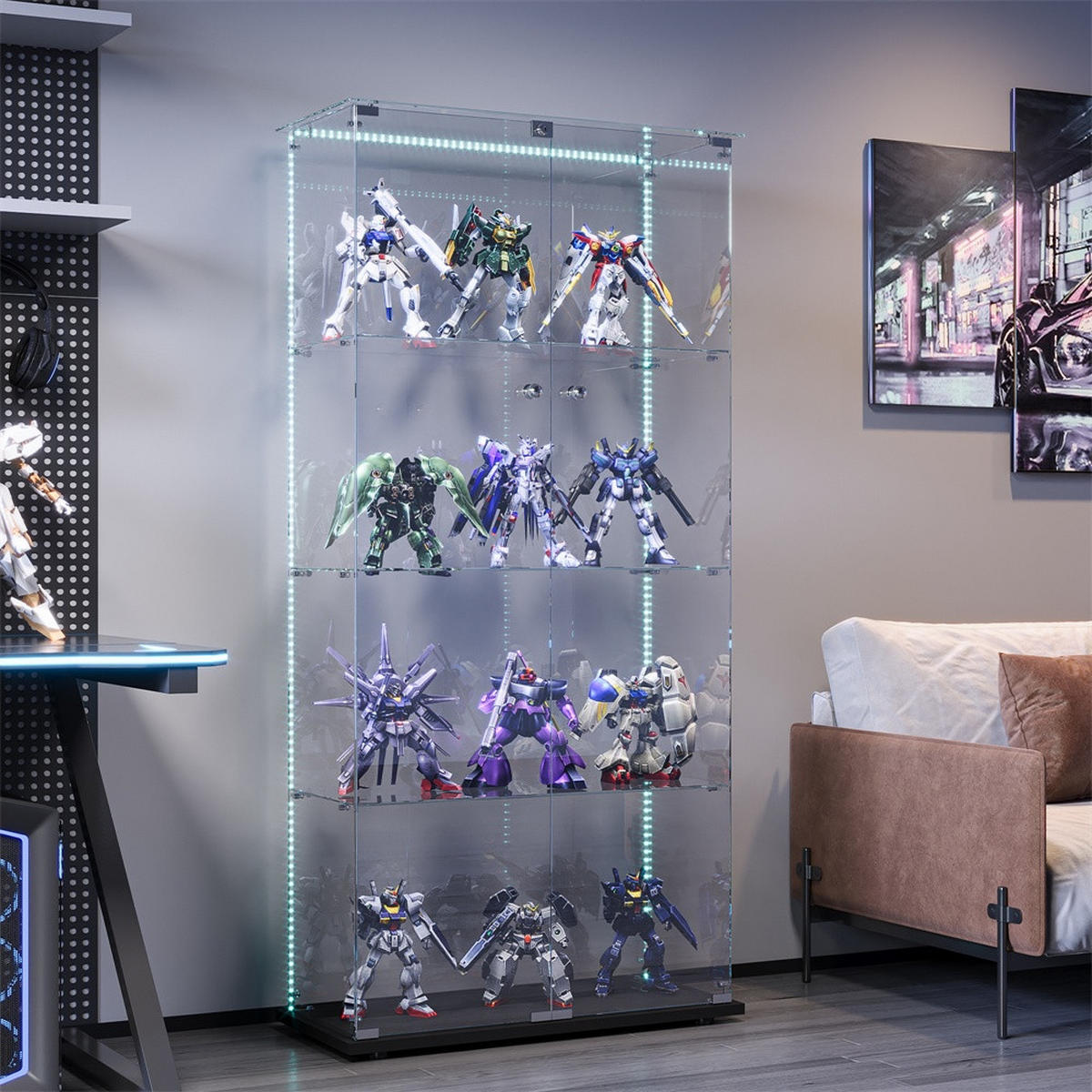 VITRINE - Glasvitrine mit 2 Türen und 4 Ebenen - integrierte LED-Streifen-Beleuchtung - Schwarz - Schwarz, Glas (78.5/163/35cm) - DELFA