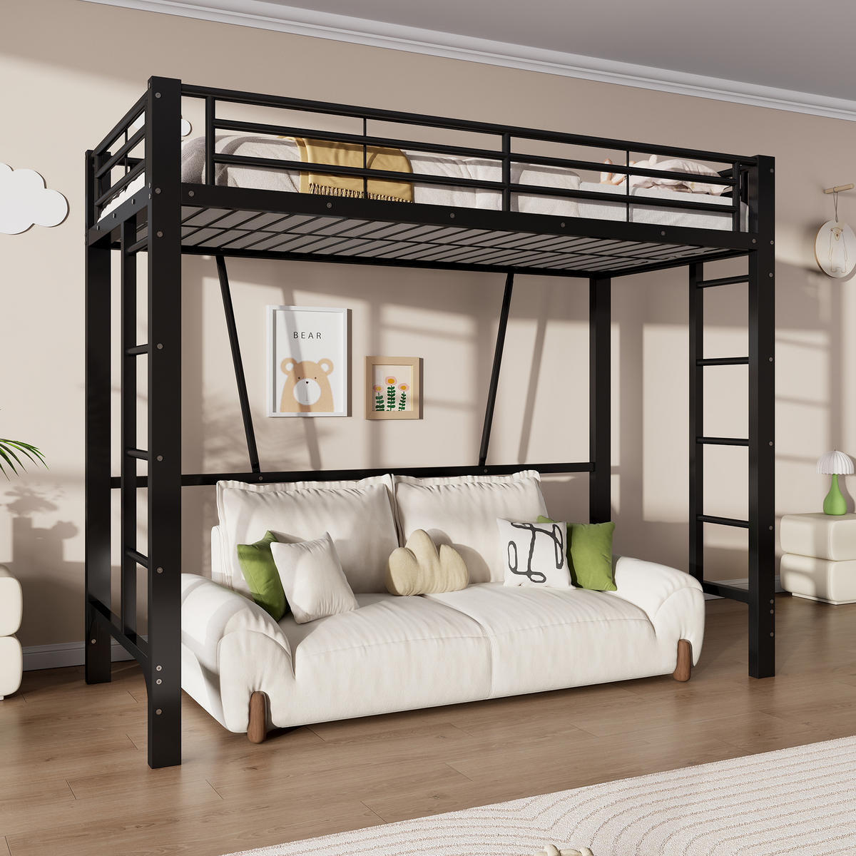 HOCHBETT 90/200 cm in Schwarz mit Doppelleiter und Schutzgeländern aus Metall - Schwarz, Metall (90/200cm) - STILVORA