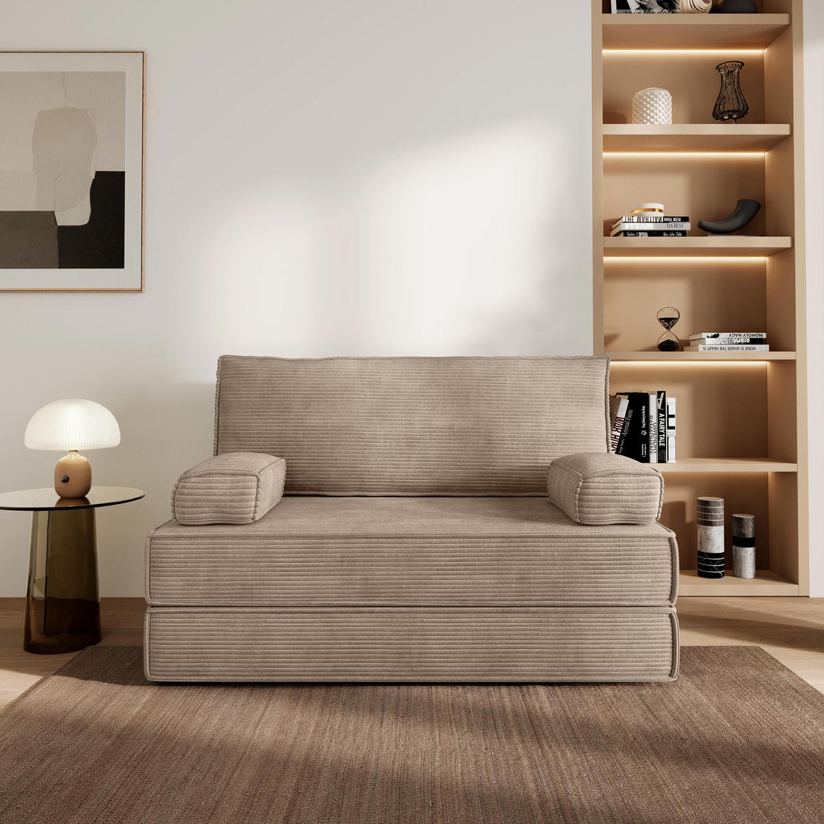 BETTSOFA LADIA aus Schaumstoff Cordstoff Beige Schlaffunktion - Beige, Textil (140/86/60cm) - MASSENO