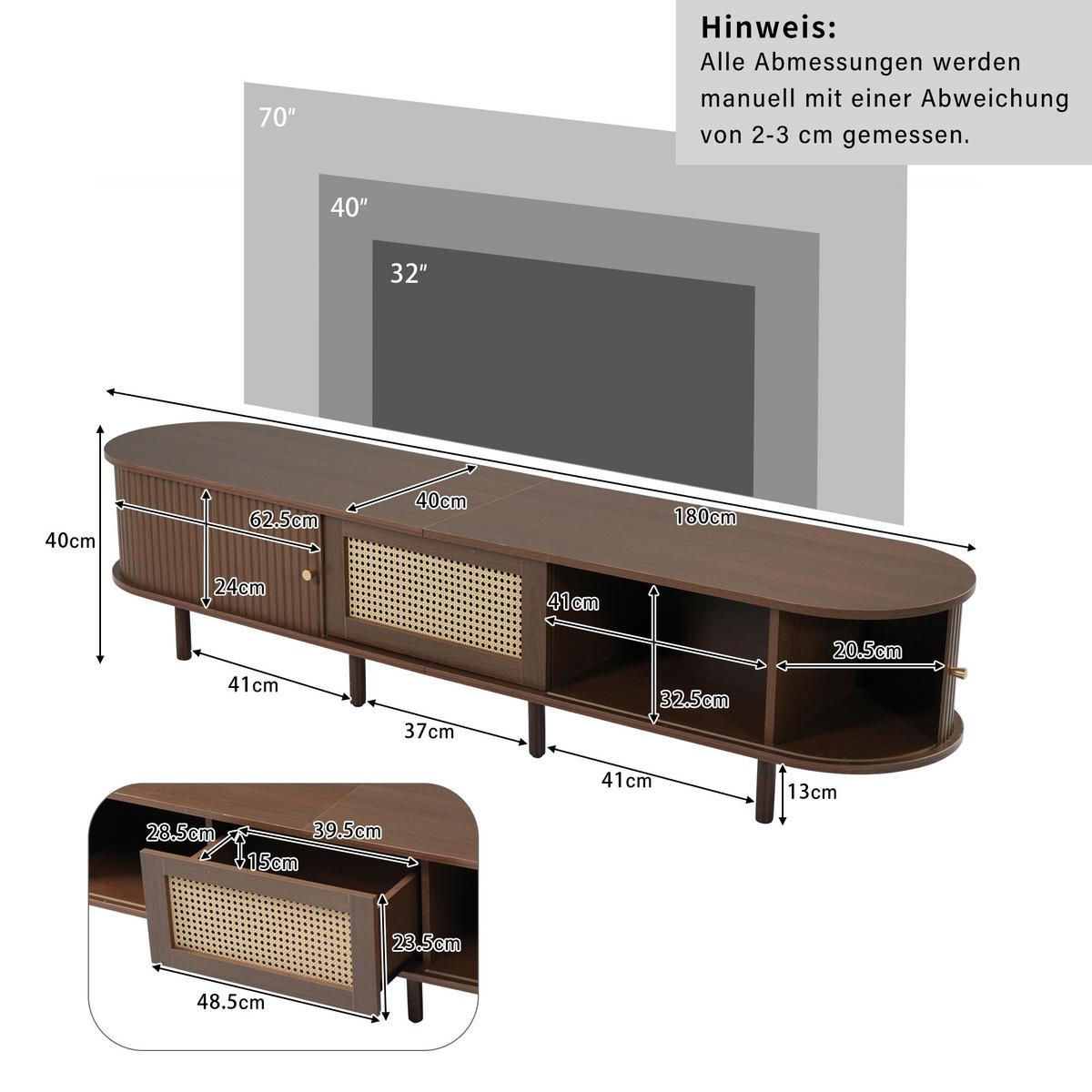 TV-LOWBOARD Rattanoptik Dunkelbraun 180/40/40 cm - Eichefarben, Holz (180/40/40cm) - PANGIVO