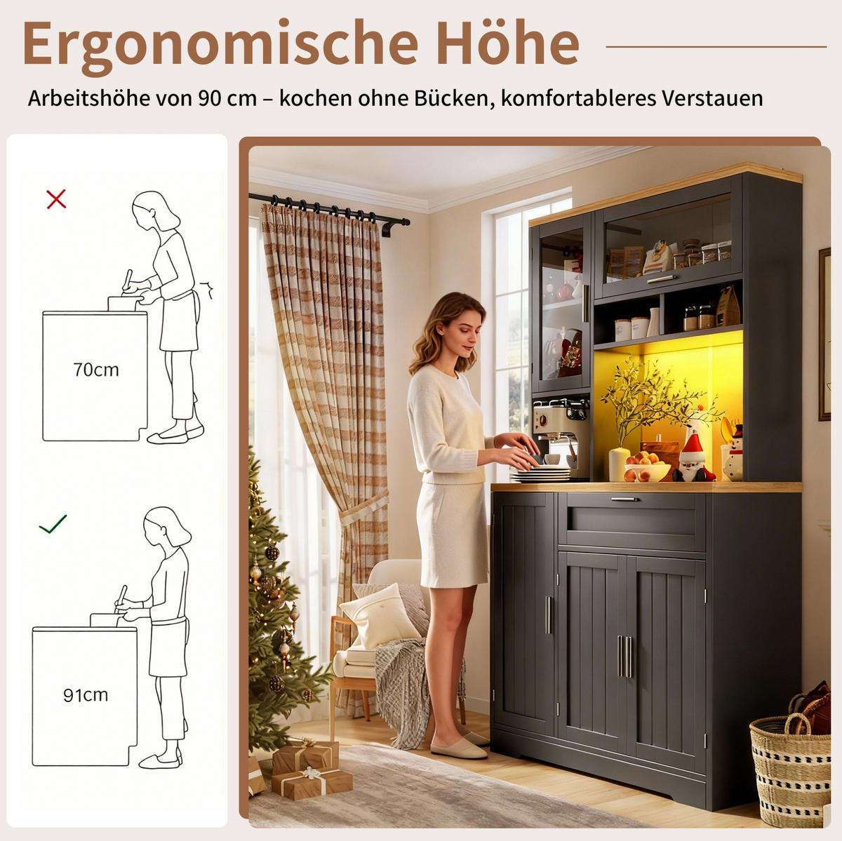 BUFFET 104/40/180 cm aus MDF und Metall mit LED-Beleuchtung Schwarz - Schwarz, Holzwerkstoff (104/180/40cm) - Modenvie