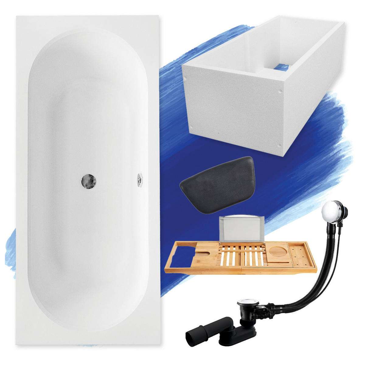 BADEWANNE Rechteck VITAE 170/75 + Träger + Ablage + Kopfstütze Ablauf Füße - Weiß, Kunststoff (75/55.5/170cm) - bad land