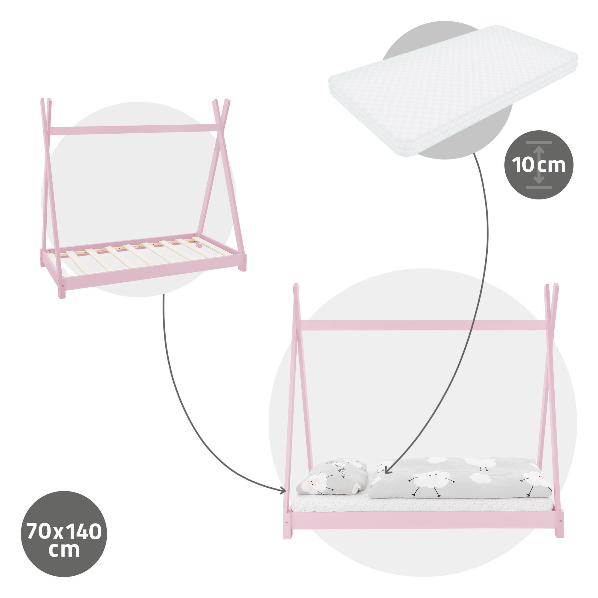 KINDERBETT Tipi mit Matratze 70x140 cm Rosa - Pink, Holz (70/140cm) - ML-DESIGN
