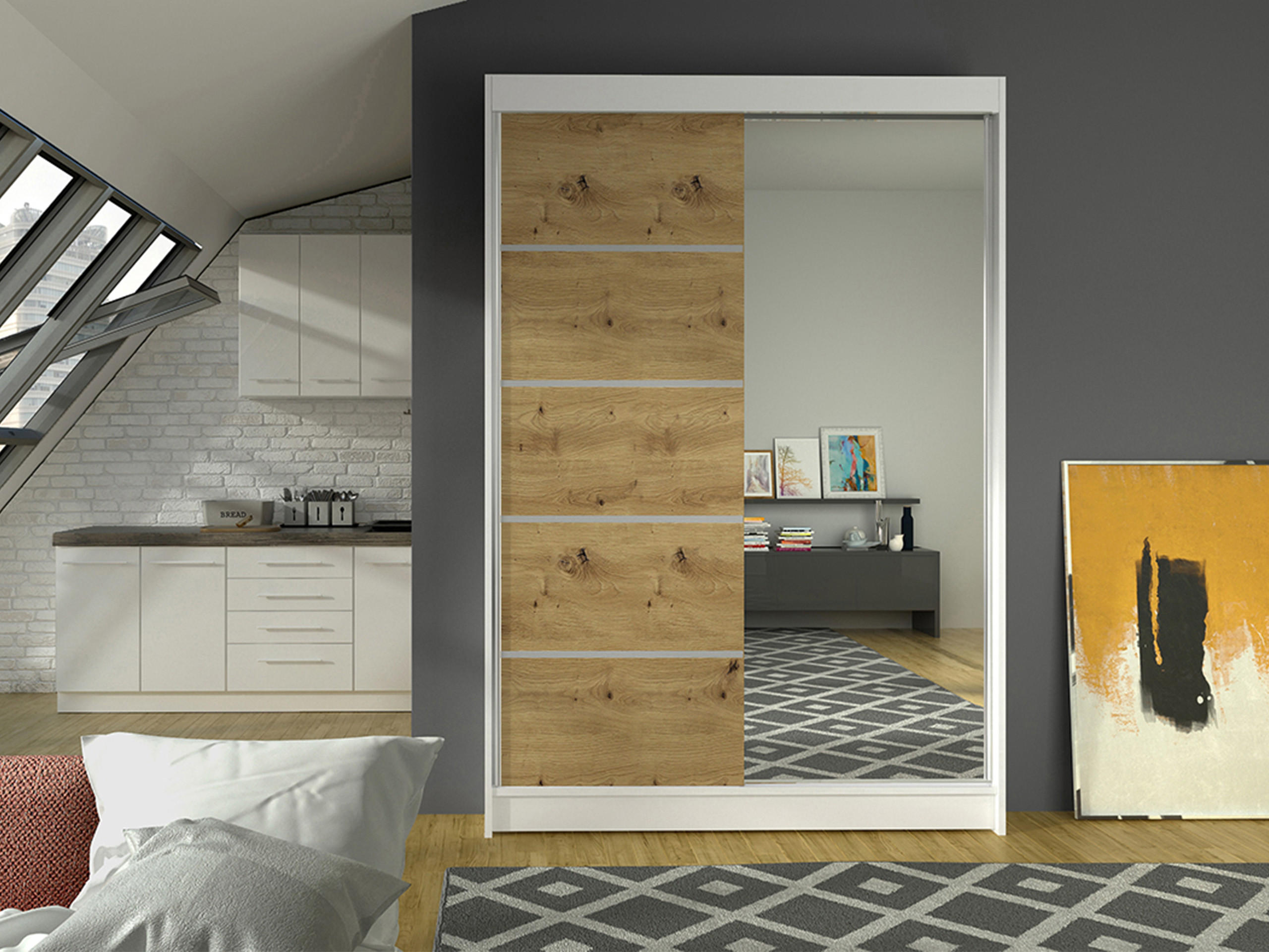 SCHWEBETÜRENSCHRANK Lino III - Weiß/Eiche Artisan, Holzwerkstoff/Metall (120/200/58cm) - MIRJAN24